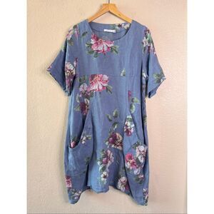 VASNA Lagenlook Linen Dress Blue Floral Made in Italy Oversized Pockets Boho M